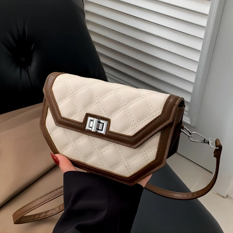 Sac Bandoulière en Cuir PU Matelassé Losange Géométrique Hexagonal Avec Serrure Tournante Argentée Sangle Réglable Sac Carré