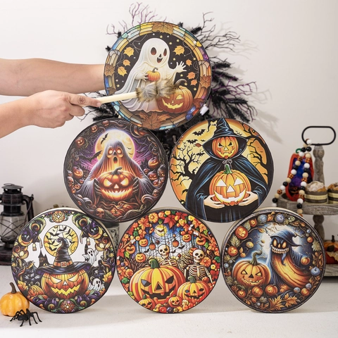 Halloween Shaman Drum With Drumstick Polyester Wood Pumpkin Ghost Skeleton Pattern Percussion Musical Instrument Party Decor