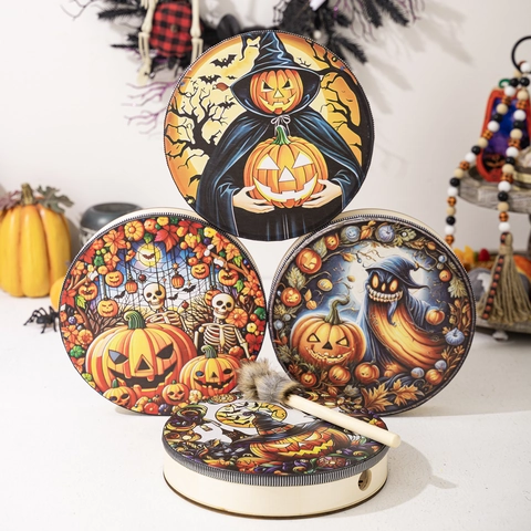 Halloween Shaman Drum With Drumstick Polyester Wood Pumpkin Ghost Skeleton Pattern Percussion Musical Instrument Party Decor