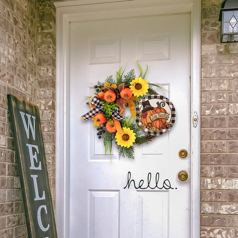 Guirnalda de Calabaza y Girasol de Acción de Gracias Con Letrero de Madera Give Thanks Lazo de Cuadros Decoración Puerta