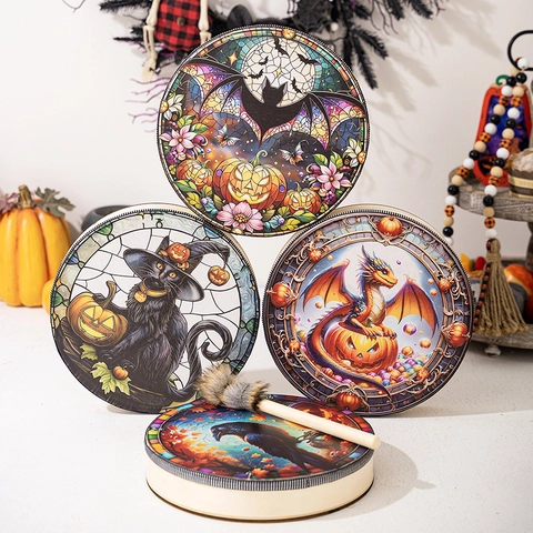 Halloween Stained Glass Style Shaman Drum With Drumstick Plywood Polyester Music Instrument Decorative Round Drum For Party Decor