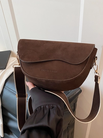Women's Suede-Like PU Leather Saddle Bag Retro Wave Flap Shoulder Bag With Wide Strap Solid Color Crossbody Purse For Daily