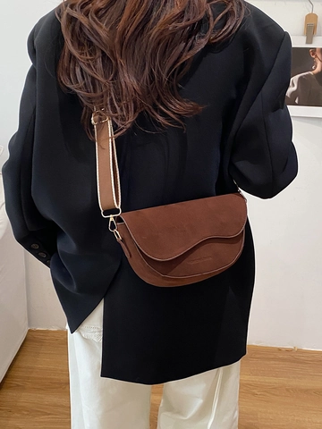 Women's Suede-Like PU Leather Saddle Bag Retro Wave Flap Shoulder Bag With Wide Strap Solid Color Crossbody Purse For Daily