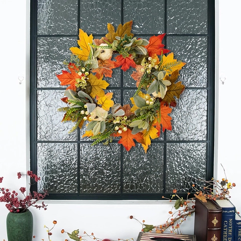 Ghirlanda Autunnale Zucche Bianche Foglie Di Acero Bacche Raso Plastica Rattan Ringraziamento Ornamento Da Appendere