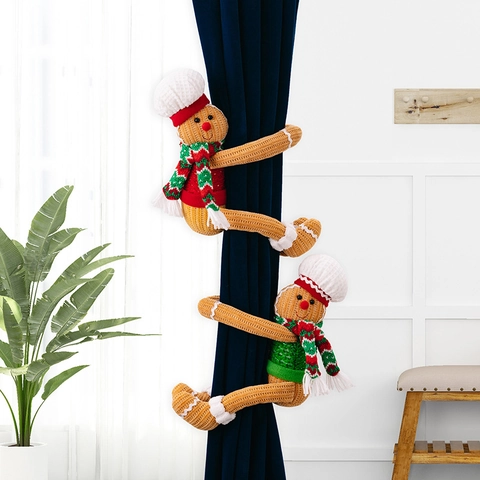Πλεκτά Δεσίματα Κουρτίνας Gingerbread Man Χριστουγέννων Με Καπέλο Σεφ Κασκόλ Εορταστική Διακόσμηση Παραθύρου Σπιτιού