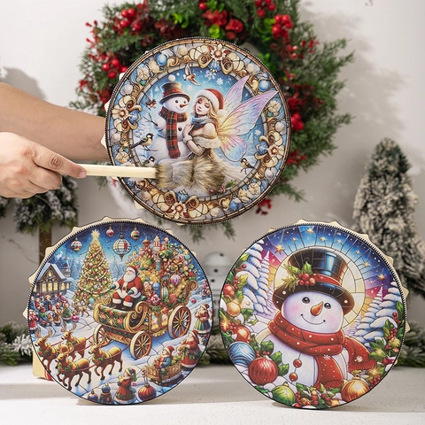 Christmas Shaman Drum With Drumstick Santa Snowman Reindeer Pattern Festive Hand Drum Decoration Percussion Instrument Gift