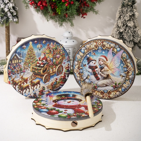 Christmas Shaman Drum With Drumstick Santa Snowman Reindeer Pattern Festive Hand Drum Decoration Percussion Instrument Gift