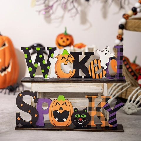 Decoración de Mesa de Madera de Halloween Letreros Wicked Spooky Con Patrones Calabaza Fantasma Gato Adorno de Escritorio Festivo Hogar Fiesta Decoración