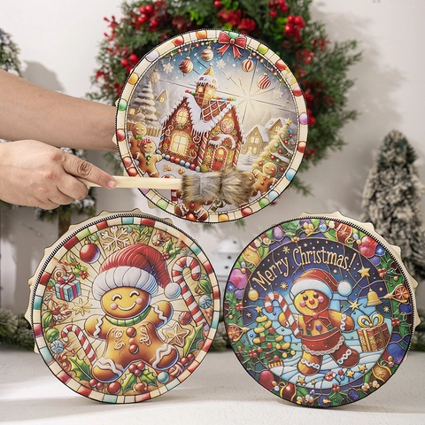 Christmas Gingerbread Man Wooden Shaman Drum With Drum Stick Festive Hand Drum Percussion Instrument Holiday Party Decor Gift