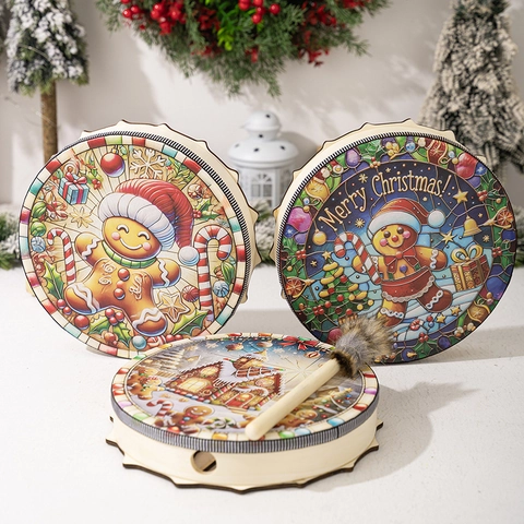 Christmas Gingerbread Man Wooden Shaman Drum With Drum Stick Festive Hand Drum Percussion Instrument Holiday Party Decor Gift