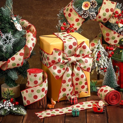 Glitter Polka Dot Christmas Ribbon For DIY Handcraft Gift Wrapping Bows Xmas Tree Wreath Decoration Polyester Wired Edge Decorative Ribbon
