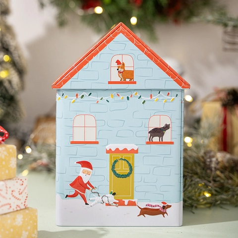 Christmas Tinplate Gift Box House Shape Metal Storage Jar For Candy Cookies Festive Santa Dog Print Blue