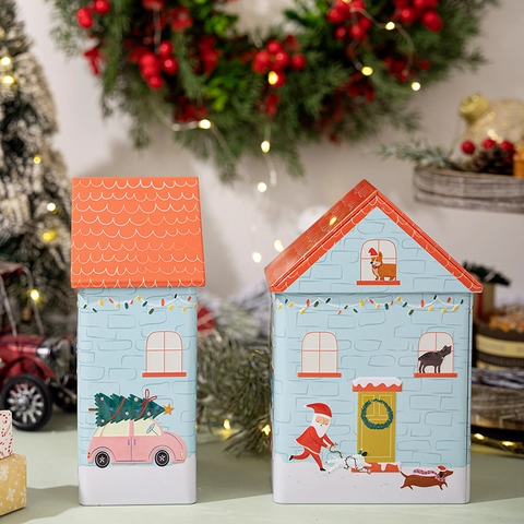 Christmas Tinplate Gift Box House Shape Metal Storage Jar For Candy Cookies Festive Santa Dog Print Blue