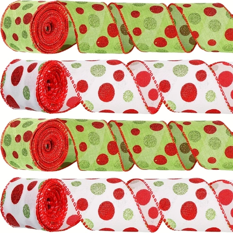 Christmas Polka Dot Glitter Wired Ribbon Polyester Decorative Fabric Ribbon For DIY Crafts Christmas Tree Ornaments Gift Wrapping Party Supplies