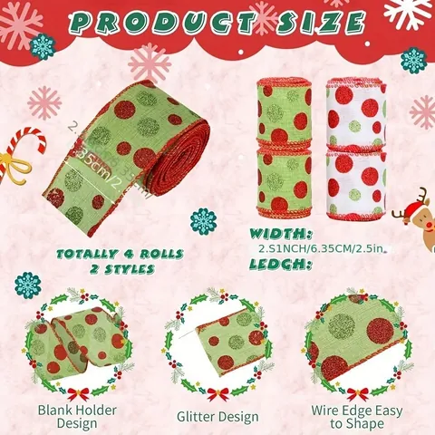 Christmas Polka Dot Glitter Wired Ribbon Polyester Decorative Fabric Ribbon For DIY Crafts Christmas Tree Ornaments Gift Wrapping Party Supplies