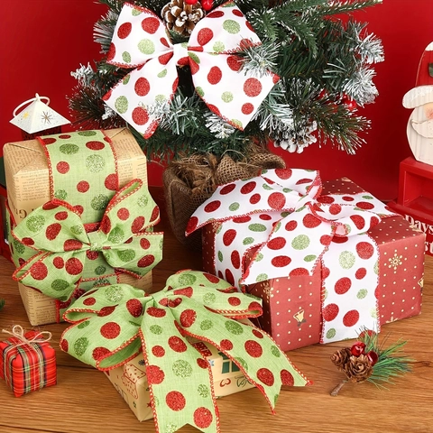 Christmas Polka Dot Glitter Wired Ribbon Polyester Decorative Fabric Ribbon For DIY Crafts Christmas Tree Ornaments Gift Wrapping Party Supplies