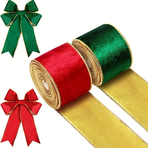 Christmas Velvet Ribbon With Gold Wired Edge For Gift Wrapping Christmas Tree Wreath DIY Crafts Decoration Red Green Ribbon
