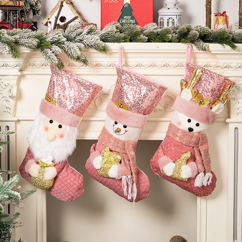 Calza di Natale Rosa con Paillettes e Statuina di Peluche Babbo Natale Pupazzo di Neve Renna Sacchetto Regalo di Lusso per Decorazione della Casa