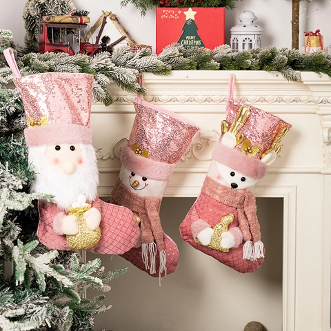 Calza di Natale Rosa con Paillettes e Statuina di Peluche Babbo Natale Pupazzo di Neve Renna Sacchetto Regalo di Lusso per Decorazione della Casa