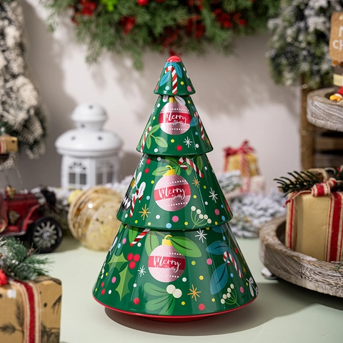Christmas Tree Shape Tinplate Storage Box Tiered Nesting Metal Candy Cookie Gift Container Decorative Festive Green
