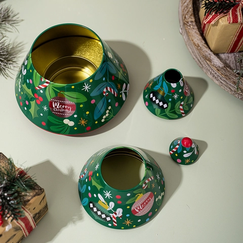 Christmas Tree Shape Tinplate Storage Box Tiered Nesting Metal Candy Cookie Gift Container Decorative Festive Green