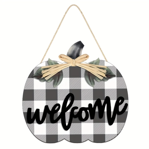 Houten Pompoen Welkomstbord Buffalo Plaid 3D Letters Hangende Deurdecoratie Rustiek Herfst Thanksgiving Boerderij Huis