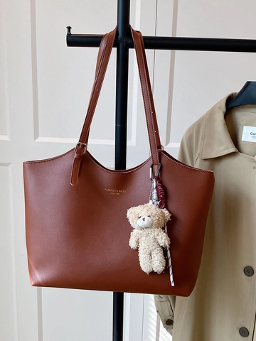 Grand Sac Fourre-Tout Pour Femmes Minimaliste En Cuir PU Sac À Main Bandoulière Style Urbain Décontracté Avec Pendentif Ours