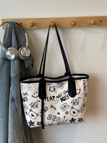Graffiti Print Tote Tas Grote Capaciteit PU Leer Street Style Schoudertas Voor Dames Met Pluche Konijn Hanger
