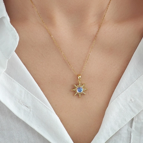 Mode Edelstahl Sonnenstrahl Anhänger Halskette Legierung Kupfer Opal Optik Edelstein Zirkonia Starburst Schlüsselbein Kette Schmuck