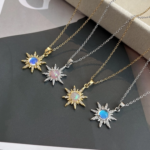 Sunflower Starburst Pendant Necklace Stainless Steel Synthetic Opal Zircon Star Jewelry For Women