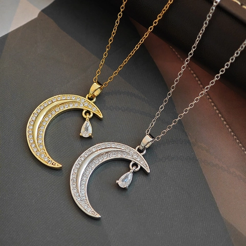 Collier Pendentif Lune Avec Goutte D'eau Zircon Acier Titane Cuivre Bijoux Accessoire Pour Femme Style Élégant
