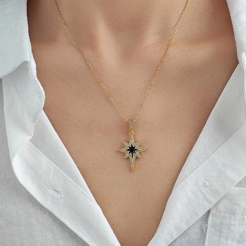 Collana Pendente Stella Acciaio Inossidabile Ottone Con Zirconi Smalto Nero Gioielli Moda Coreana Per Donne Elegante