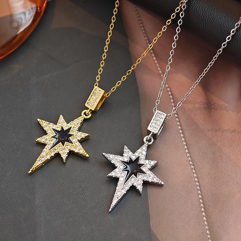 Collana Pendente Stella Acciaio Inossidabile Ottone Con Zirconi Smalto Nero Gioielli Moda Coreana Per Donne Elegante