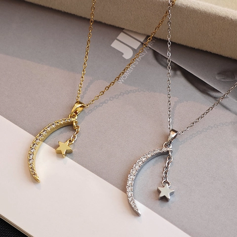 Collar Con Colgante De Luna Y Estrella Acero De Titanio Cobre Con Incrustaciones De Zircón Elegante Cadena De Clavícula Para Mujeres