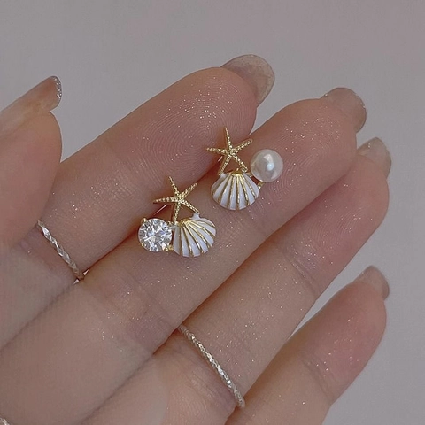 Asymmetric Starfish Shell Stud Earrings Gold Plated Copper With Artificial Pearl Zircon Ocean Style Fashion Jewelry For Women