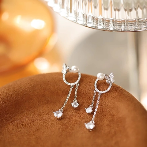 Butterfly Artificial Pearl Tassel Drop Earrings Copper Zircon Micro Inlaid Layered Chain Elegant French Style For Women