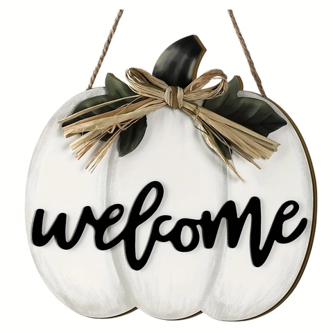 Rustic White Pumpkin Welcome Sign For Front Door Fall Thanksgiving Wooden Hanging Decoration Farmhouse Harvest Wall Decor