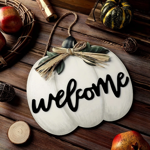 Rustic White Pumpkin Welcome Sign For Front Door Fall Thanksgiving Wooden Hanging Decoration Farmhouse Harvest Wall Decor