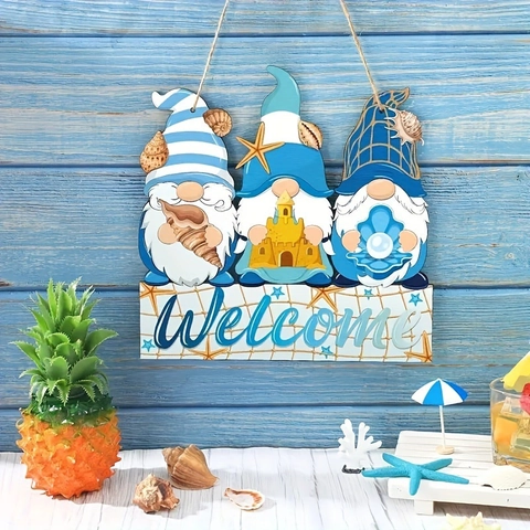 Sommer Strand Ozean Wichtel Holz Willkommensschild Küste Nautisch Seestern Muschel Hängendes Türplakat Für Haus Wanddeko