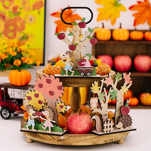 Thanksgiving Wooden Hedgehog Apple Tree Tabletop Ornament Autumn Harvest Season Cartoon Animal Wood Craft Home Decor