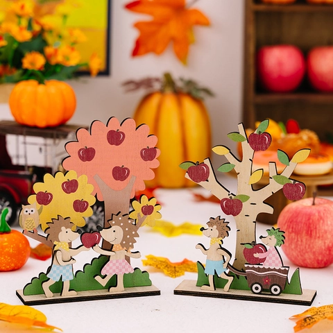Thanksgiving Wooden Hedgehog Apple Tree Tabletop Ornament Autumn Harvest Season Cartoon Animal Wood Craft Home Decor