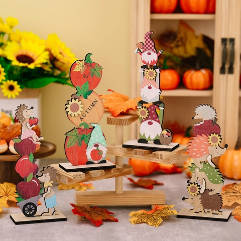Autumn Thanksgiving Wooden Ornament Harvest Gnome Hedgehog Pumpkin Apple Desktop Decoration For Home Office Harvest Festival Table Decor