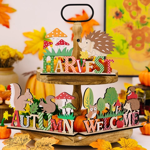 Thanksgiving Autumn Harvest Wooden Table Ornaments Hedgehog Squirrel Owl Lettering Decorative Wood Sign For Fall Home Decor