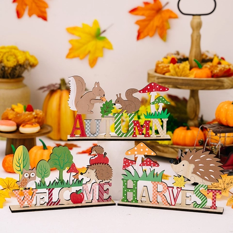 Thanksgiving Autumn Harvest Wooden Table Ornaments Hedgehog Squirrel Owl Lettering Decorative Wood Sign For Fall Home Decor