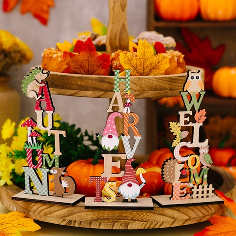 Harvest Welcome Automne Lettre Signe Table Décor Action de Grâce Gnome Hibou Hérisson Champignon Bois Ornement Maison Bureau