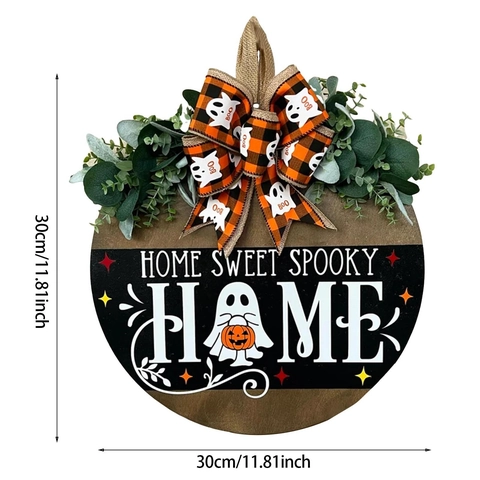 Halloween Home Sweet Spooky Wood Door Sign Ghost Pumpkin Round Plaque With Plaid Bow Greenery For Front Door Wall Decor