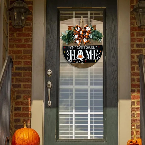 Halloween Home Sweet Spooky Wood Door Sign Ghost Pumpkin Round Plaque With Plaid Bow Greenery For Front Door Wall Decor