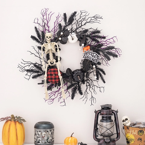 Halloween Kranz Dekoration Mit Skelett Totenkopf Karierte Kürbisse Spinnennetz Happy Halloween Schild Für Haustür Wand Party