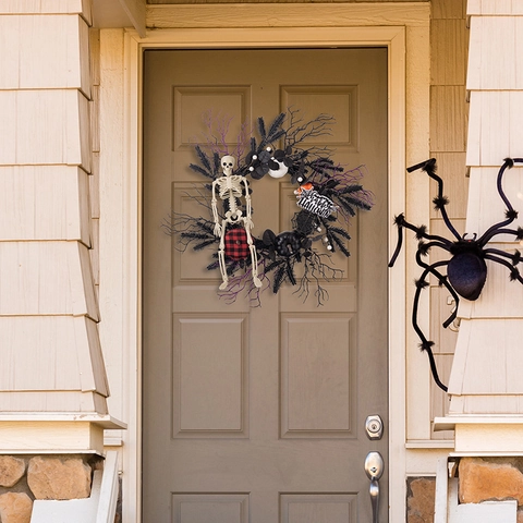 Halloween Kranz Dekoration Mit Skelett Totenkopf Karierte Kürbisse Spinnennetz Happy Halloween Schild Für Haustür Wand Party