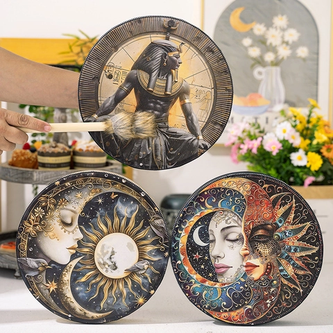 Handcrafted Wooden Shaman Drum With Drumstick For Meditation Mystical Sun Moon Goddess Pattern Pharaoh Ethnic Frame Drum Home Decor Art